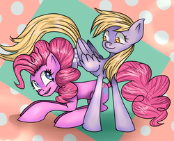 Size: 1024x832 | Tagged: safe, artist:confuddling, derpy hooves, pinkie pie, pony, g4, derpypie, female, lesbian, mare, prone, shipping