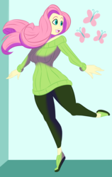 Size: 1200x1900 | Tagged: safe, artist:7los7, fluttershy, equestria girls, g4, clothes, female, open mouth, pants, raised leg, solo, sweater, sweatershy