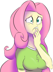 Size: 1400x1900 | Tagged: safe, artist:7los7, fluttershy, equestria girls, g4, breast squish, breasts, clothes, female, fingernails, simple background, solo, transparent background, worried