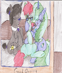 Size: 1648x1928 | Tagged: safe, artist:wyren367, oc, oc only, oc:folklore, oc:marina, oc:scratch build, pony, hug, one eye closed, picture frame, sitting, traditional art, wrong aspect ratio