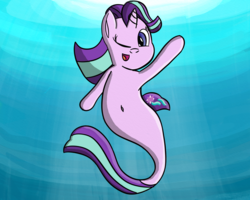 Size: 3000x2400 | Tagged: safe, artist:saburodaimando, starlight glimmer, merpony, g4, belly button, female, high res, looking at you, one eye closed, open mouth, seaponified, shoo be doo, smiling, solo, species swap, underwater, waving, wink