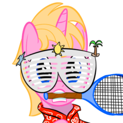 Size: 300x300 | Tagged: safe, artist:mightyshockwave, oc, oc only, oc:ace shot, pony, clothes, female, filly, hawaiian shirt, shirt, shutter shades, simple background, solo, sunglasses, tennis racket, transparent background
