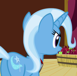 Size: 730x719 | Tagged: safe, screencap, trixie, pony, g4, magic duel, alicorn amulet, apple, butt, cropped, female, food, mare, plot, solo