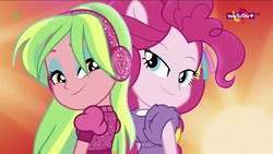 Size: 1920x1080 | Tagged: safe, screencap, lemon zest, pinkie pie, dance magic, equestria girls, equestria girls specials, g4, beautiful, clothes, dress, duo, female, headphones, lidded eyes, looking at each other, ponied up, pony ears, teletoon