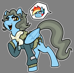 Size: 2118x2081 | Tagged: safe, artist:/d/non, rainbow dash, wind rider, pegasus, pony, g4, 30 minute art challenge, bomber jacket, clothes, cross-popping veins, female, gray background, high res, hoof on chest, jacket, male, rainbow blitz, rule 63, simple background