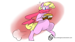 Size: 1024x576 | Tagged: safe, artist:obscuredragone, oc, oc only, pony, bipedal, fast, food, hot pie, pie, pink, run, running, solo, stealing