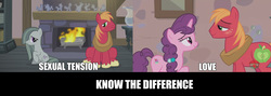 Size: 2679x959 | Tagged: safe, edit, edited screencap, screencap, big macintosh, marble pie, sugar belle, earth pony, pony, g4, hard to say anything, hearthbreakers, comparison, female, know the difference, male, mare, meme, op is a duck, op is trying to start shit, ship:marblemac, ship:sugarmac, shipping, stallion, straight