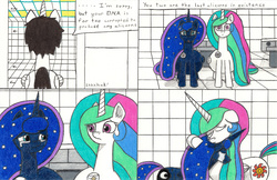 Size: 3394x2193 | Tagged: safe, artist:eternaljonathan, princess celestia, princess luna, oc, oc:nemo, pony, comic:a new twist, g4, badge, belly, chubby, comic, crying, fat, guardian, high res, horn, horn ring, royal sisters, science fiction, traditional art