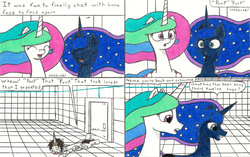 Size: 3289x2059 | Tagged: safe, artist:eternaljonathan, princess celestia, princess luna, oc, oc:nemo, alicorn, pony, comic:a new twist, g4, comic, exhausted, female, guardian, high res, mare, royal sisters, science fiction, tired, traditional art