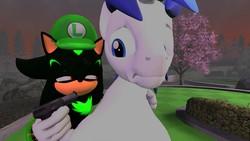 Size: 1920x1080 | Tagged: safe, artist:shadowluigi37, shining armor, hedgehog, pony, unicorn, g4, 3d, abuse, crossover, death threat, gun, luigi hat, male, meme, model, shadow the hedgehog, shadowluigi is a duck, shiningabuse, sonic the hedgehog (series), weapon