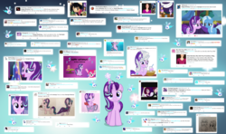 Size: 4000x2370 | Tagged: safe, artist:trini-mite, pinkie pie, starlight glimmer, trixie, earth pony, pony, twittermite, unicorn, g4, birthday, happy birthday, hat, inuyasha, kelly sheridan, lolirock, meta, party hat, sango, text, twitter