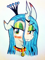 Size: 1536x2048 | Tagged: safe, artist:niggerdrawfag, queen chrysalis, changeling, changeling queen, g4, 4chan, blushing, bust, collar, drawthread, eyeshadow, fangs, female, lidded eyes, makeup, solo, spiked collar, traditional art