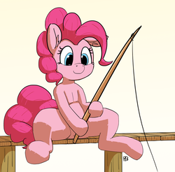 Size: 1280x1258 | Tagged: safe, artist:pabbley, pinkie pie, pony, g4, female, fishing, fishing rod, gradient background, sitting, solo