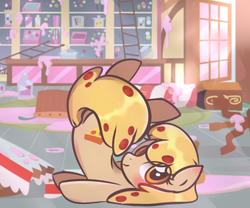 Size: 361x301 | Tagged: safe, artist:php172, oc, oc only, oc:peetzer, food pony, original species, blushing, butt, food, plot, solo, staring into your soul