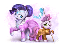 Size: 1200x850 | Tagged: safe, artist:assasinmonkey, rarity, sweetie belle, pony, unicorn, forever filly, g4, abstract background, armor, banner, clothes, cosplay, costume, cute, dress, duo, fantasy class, female, filly, knight, lance, mare, pennant, princess, raised hoof, signature, sisters, smiling, warrior, weapon