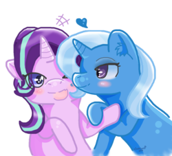 Size: 1000x907 | Tagged: safe, artist:ask-kingkero-the-pegasus, starlight glimmer, trixie, pony, unicorn, g4, blushing, female, heart, lesbian, mare, ship:startrix, shipping, simple background, transparent background