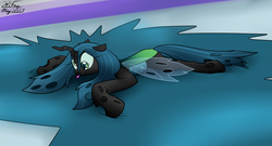 Size: 2375x1280 | Tagged: safe, artist:the-furry-railfan, queen chrysalis, changeling, changeling queen, g4, cross-eyed, crystal, crystal palace, dazed, deflated, derp face, female, inflation, lying down, popping, prone, solo, this ended in explosions, tongue out