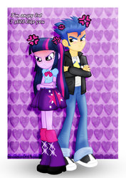 Size: 1600x2263 | Tagged: safe, artist:jucamovi1992, flash sentry, twilight sparkle, equestria girls, g4, angry, blushing, clothes, cross-popping veins, crossed arms, duo, female, leg warmers, male, pants, red face, ship:flashlight, shipping, shirt, shoes, skirt, straight, tsundere