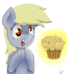 Size: 2000x2200 | Tagged: safe, artist:chikiz65, derpy hooves, pegasus, pony, g4, colored, female, food, happy, heart, heart eyes, high res, muffin, shading, signature, simple background, solo, surprised, white background, wingding eyes