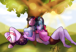 Size: 1280x879 | Tagged: dead source, safe, artist:shellielle, sci-twi, sonata dusk, twilight sparkle, equestria girls, g4, my little pony equestria girls: rainbow rocks, bare legs, barefoot, clothes, commission, converse, crack shipping, eyes closed, feet, female, glasses, lesbian, on back, shade, ship:sci-twinata, ship:twinata, shipping, shoes, signature, sleeping, sneakers, tree, under the tree