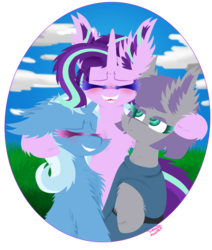 Size: 1024x1205 | Tagged: safe, artist:vanillaswirl6, maud pie, starlight glimmer, trixie, earth pony, pony, unicorn, g4, blushing, cheek fluff, chest fluff, clothes, cloud, colored eyelashes, colored pupils, cute, diatrixes, ear fluff, eyes closed, female, floppy ears, fluffy, glimmerbetes, grass, group, group hug, happy, hug, laughing, mare, maudabetes, open mouth, photoshop, scrunchy face, sharp teeth, signature, sky, smiling, teeth, trio, vanillaswirl6 is trying to murder us, when she smiles
