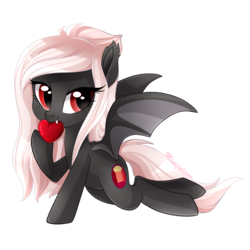 Size: 3000x3000 | Tagged: safe, artist:mimijuliane, oc, oc only, oc:midnight ruby, bat pony, pony, bat pony oc, cute, heart, high res, long mane, red eyes, simple background, solo, transparent background