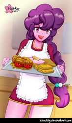 Size: 589x1000 | Tagged: safe, artist:clouddg, sugar belle, equestria girls, g4, clothes, equestria girls-ified, female, food, looking at you, smiling, solo