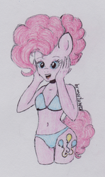 Size: 762x1284 | Tagged: safe, artist:marta4708, pinkie pie, earth pony, anthro, g4, belly button, bikini, clothes, female, midriff, simple background, solo, swimsuit, traditional art, white background