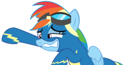 Size: 3825x1988 | Tagged: safe, artist:sketchmcreations, rainbow dash, pony, g4, parental glideance, clothes, embarrassed, female, goggles, rainbow dash is best facemaker, raised hoof, simple background, solo, transparent background, uniform, vector, wonderbolts uniform