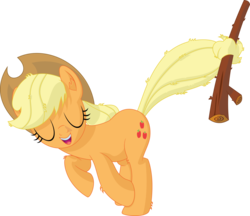 Size: 1251x1080 | Tagged: safe, artist:iknowpony, applejack, earth pony, pony, g4, may the best pet win, .svg available, cowboy hat, eyes closed, female, hat, hooves, mare, open mouth, simple background, smiling, solo, stick, transparent background, tree branch, vector