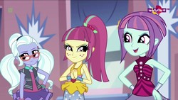 Size: 1280x720 | Tagged: safe, screencap, sour sweet, sugarcoat, sunny flare, equestria girls, equestria girls specials, g4, my little pony equestria girls: dance magic, clothes, female, freckles, glasses, group, hand on hip, skirt, tutu