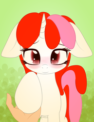 Size: 3840x4969 | Tagged: dead source, safe, artist:an-m, oc, oc only, oc:righty tighty, human, pony, unicorn, absurd resolution, blushing, female, floppy ears, hand, hoof hold, looking at you, mare, offscreen character, pony oc, pov, solo focus, vector