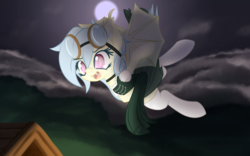 Size: 3200x2000 | Tagged: dead source, safe, artist:an-m, oc, oc only, bat pony, pony, clothes, cloud, collar, fangs, flying, goggles, high res, moon, night, pony oc, socks, solo