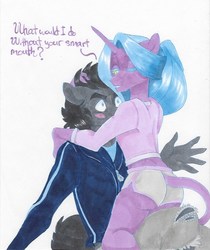 Size: 636x758 | Tagged: safe, artist:frozensoulpony, oc, oc only, oc:bruce, oc:stellar rays, unicorn, anthro, pandoraverse, all of me, anthro oc, blush sticker, blushing, clothes, femboy, john legend, leonine tail, male, midriff, offspring, parent:comet tail, parent:twilight sparkle, parents:cometlight, short shirt, song reference, stallion, traditional art