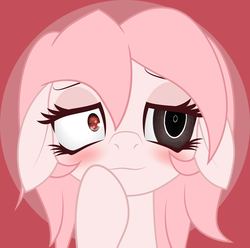 Size: 5100x5058 | Tagged: dead source, safe, artist:an-m, oc, oc only, oc:setna, earth pony, pony, absurd resolution, blushing, female, floppy ears, heterochromia, looking at you, mare, pony oc, red background, simple background, single shrunken iris, solo, vector