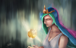 Size: 5164x3240 | Tagged: dead source, safe, artist:cattle32, princess celestia, human, g4, absurd resolution, clothes, crown, female, humanized, jewelry, magic, multicolored hair, regalia, solo