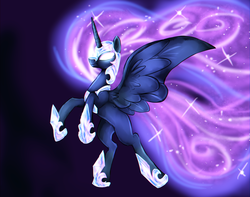 Size: 2515x1978 | Tagged: safe, artist:not-ordinary-pony, oc, oc only, oc:nyx, alicorn, pony, alicorn oc, female, glowing eyes, helmet, mare, nightmare nyx, rearing, solo, spread wings, wings