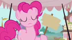 Size: 1280x719 | Tagged: safe, edit, edited screencap, screencap, pinkie pie, earth pony, pony, g4, putting your hoof down, eyes closed, female, prices, sign, solo, template