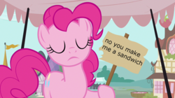 Size: 1280x719 | Tagged: safe, edit, edited screencap, screencap, pinkie pie, earth pony, pony, g4, putting your hoof down, eyes closed, female, feminism, food, meme, sandwich, sign, solo