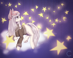 Size: 3988x3192 | Tagged: safe, artist:midnightdream123, earth pony, pony, clothes, cloud, female, high res, mare, prone, solo, stars, sweater