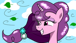 Size: 1024x576 | Tagged: safe, artist:susanzx2000, sugar belle, pony, g4, female, grin, leaves, smiling, solo, watermark, windswept mane