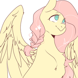 Size: 1400x1400 | Tagged: safe, artist:asarilce, fluttershy, pegasus, pony, g4, alternate hairstyle, braid, bust, chest fluff, female, fluffershy, looking away, looking up, no pupils, pixiv, portrait, simple background, solo, spread wings, white background, wings