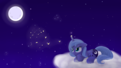 Size: 6830x3840 | Tagged: safe, artist:kaleysia, princess luna, firefly (insect), pony, g4, absurd resolution, female, filly, full moon, moon, night, prone, s1 luna, solo, woona, younger