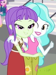 Size: 342x460 | Tagged: safe, screencap, dean cadance, paisley, princess cadance, starlight, equestria girls, g4, my little pony equestria girls: friendship games, clothes, cropped, duo, duo female, female, flower, hand on shoulder, lidded eyes, looking at each other, skirt, stairs, thumbs up