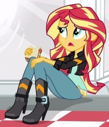 Size: 355x410 | Tagged: safe, screencap, sunset shimmer, equestria girls, g4, my little pony equestria girls: friendship games, boots, clothes, cropped, female, food, high heel boots, jacket, leather jacket, pants, sad, sandwich, solo