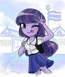 Size: 800x946 | Tagged: safe, artist:dressella, twilight sparkle, human, equestria girls, g4, ;p, clothes, female, flag, flag pole, one eye closed, pastel, peace sign, school bag, school uniform, shirt, skirt, sky, smiling, solo, student, thai, thailand, tongue out