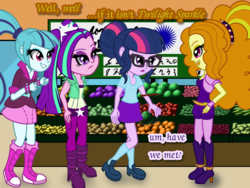 Size: 2560x1920 | Tagged: safe, artist:cybersquirrel, adagio dazzle, aria blaze, sci-twi, sonata dusk, twilight sparkle, equestria girls, g4, dialogue, supermarket, tumblr comic