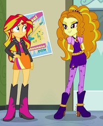 Size: 443x541 | Tagged: safe, screencap, adagio dazzle, sunset shimmer, equestria girls, g4, my little pony equestria girls: rainbow rocks, boots, clothes, cropped, door, electric guitar, guitar, hands behind back, high heel boots, jacket, jewelry, leather jacket, looking at each other, music notes, musical instrument, pendant, poster, skirt, spikes