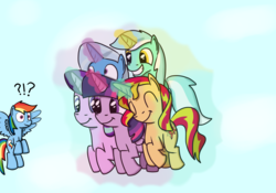 Size: 1200x840 | Tagged: safe, artist:hoofclid, lyra heartstrings, rainbow dash, starlight glimmer, sunset shimmer, trixie, twilight sparkle, alicorn, pegasus, pony, unicorn, g4, amused, counterparts, exclamation point, eyes closed, flying, interrobang, levitation, lyra is amused, magic, question mark, self-levitation, shrunken pupils, smiling, spread wings, surprised, telekinesis, twilight sparkle (alicorn), twilight's counterparts, wings