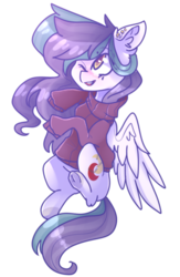 Size: 400x615 | Tagged: safe, artist:erinartista, oc, oc only, oc:yellow light, pegasus, pony, clothes, ear fluff, female, floating, happy, mare, one eye closed, open mouth, simple background, solo, spread wings, sweater, transparent background, wings, wink